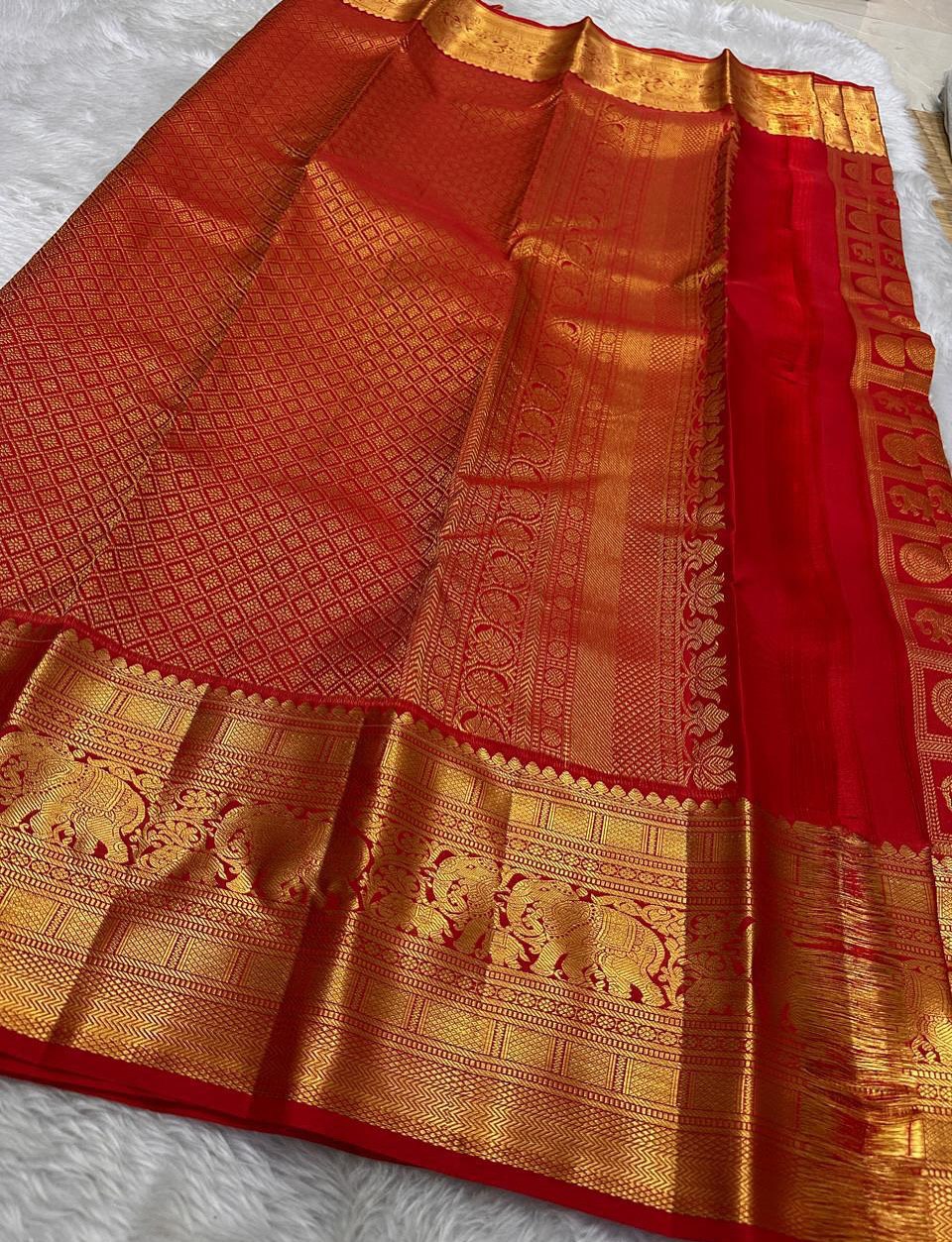 Regal Crimson Red Kanjivaram Silk Saree with Traditional Elephant & Coin Motif Zari Kattam