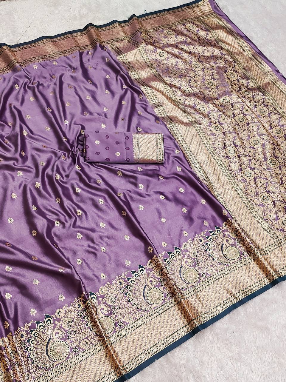 Elegant Lavender Satin Silk Saree with Rich Gold Zari Peacocks and Heavy Pallu