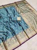 Royal Teal Blue Satin Silk Saree with Peacock Motif Border and Intricate Zari Pallu