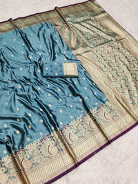 Royal Teal Blue Satin Silk Saree with Peacock Motif Border and Intricate Zari Pallu
