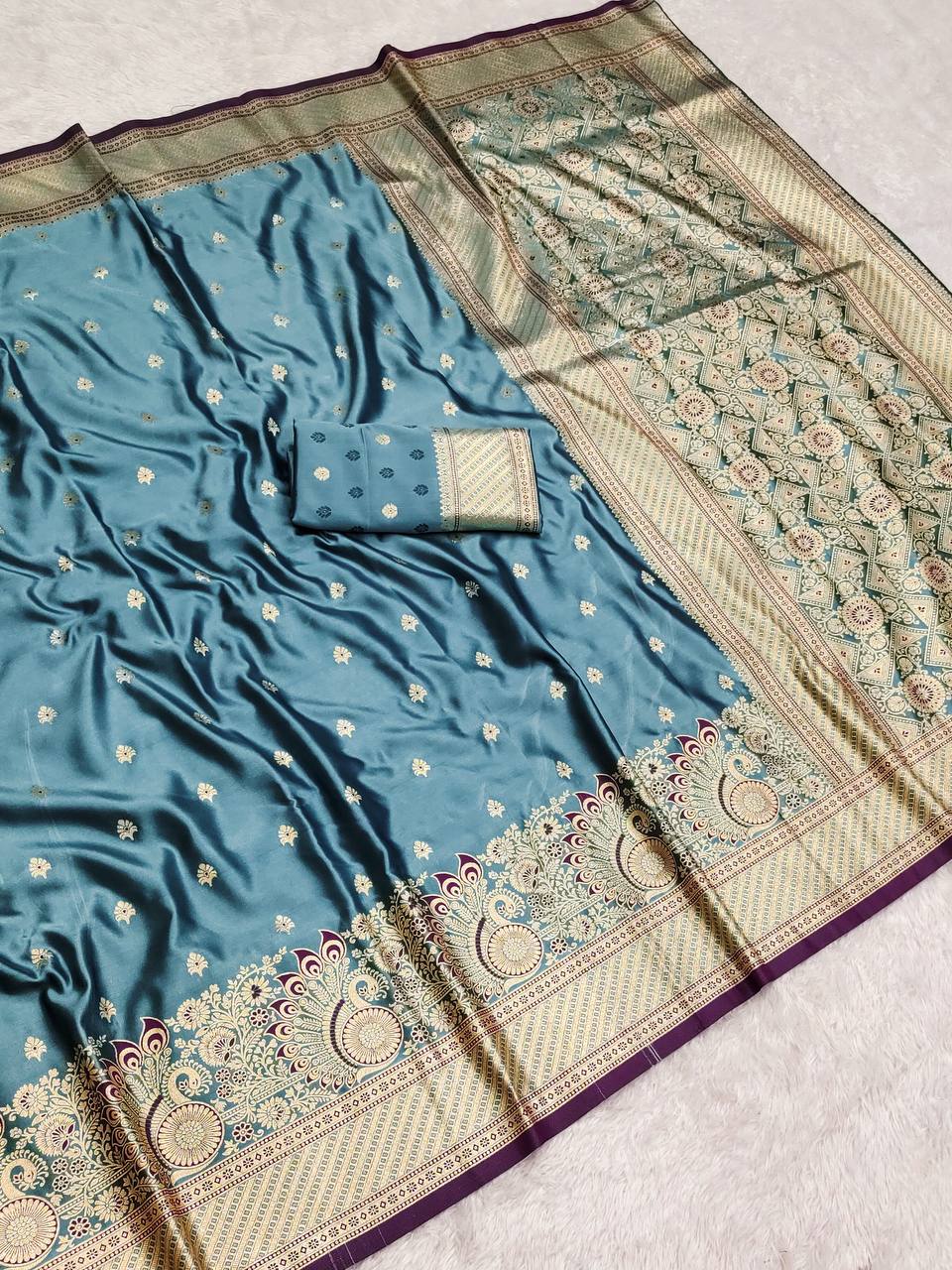 Royal Teal Blue Satin Silk Saree with Peacock Motif Border and Intricate Zari Pallu