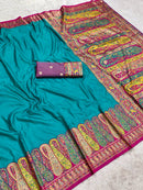 Teal Blue Satin Crepe Silk Saree with Multicolored Kani Weave & Paisley Border
