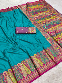 Teal Blue Satin Crepe Silk Saree with Multicolored Kani Weave & Paisley Border