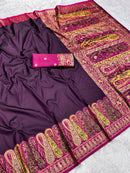 Deep Wine Purple Satin Crepe Silk Saree with Multicolored Kani Weave & Paisley Pallu