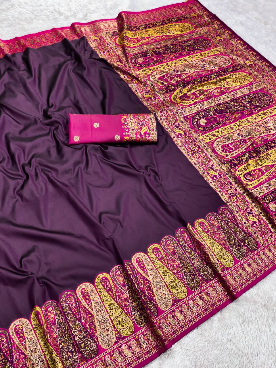 Deep Wine Purple Satin Crepe Silk Saree with Multicolored Kani Weave & Paisley Pallu
