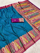 Teal Blue Pure Silk Saree with Multicolored Kashmiri Kalamkari Border & Pallu