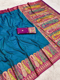 Teal Blue Pure Silk Saree with Multicolored Kashmiri Kalamkari Border & Pallu