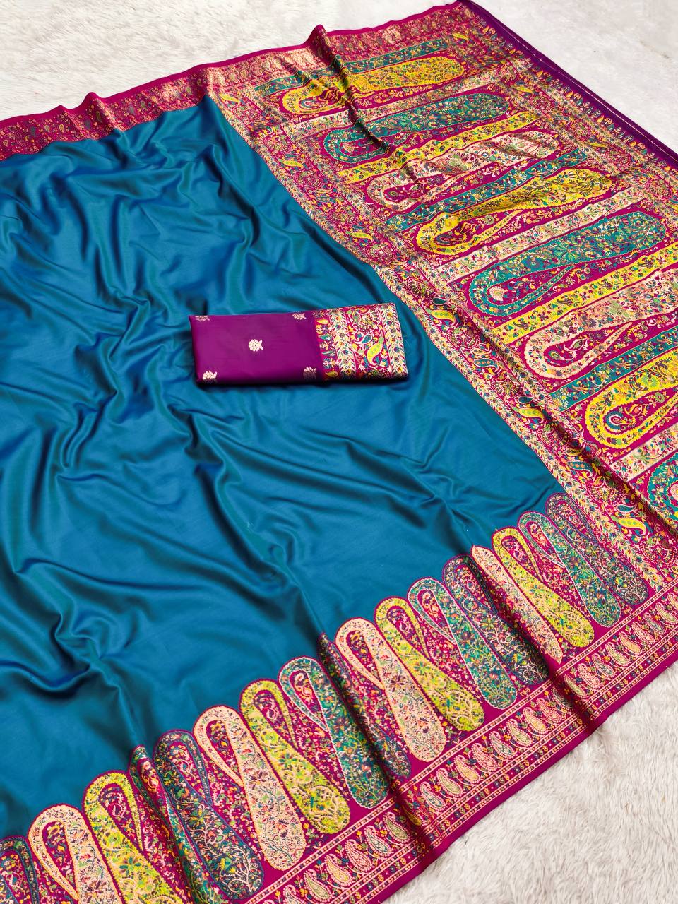 Teal Blue Pure Silk Saree with Multicolored Kashmiri Kalamkari Border & Pallu