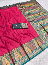 Rani Pink Silk Saree with Peacock Green Kashmiri Border & Intricate Kalamkari Pallu