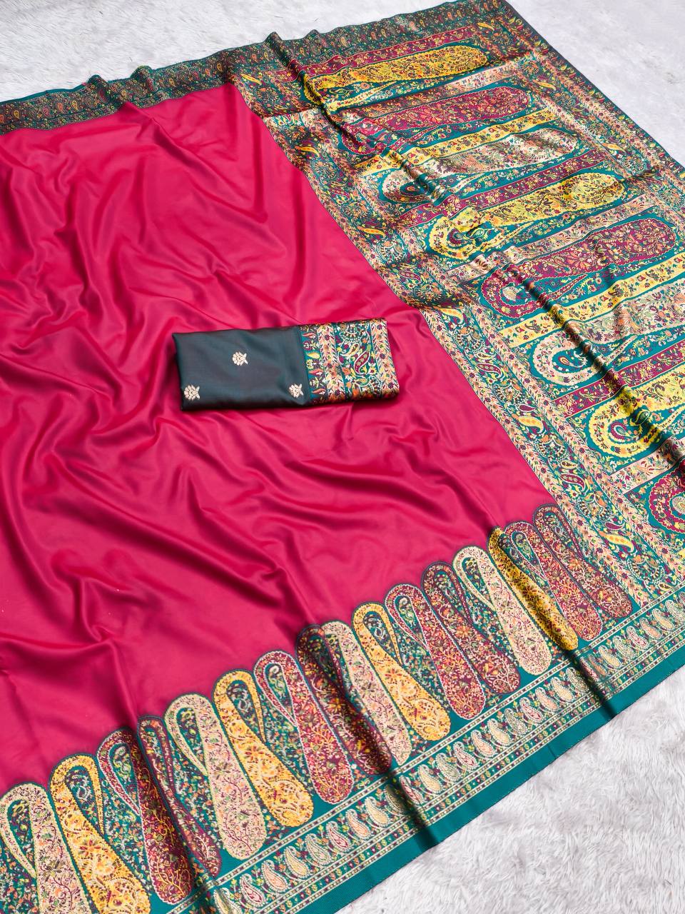 Rani Pink Silk Saree with Peacock Green Kashmiri Border & Intricate Kalamkari Pallu