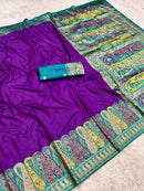Royal Purple Silk Saree with Teal Blue Kashmiri Border & Vibrant Kalamkari Pallu