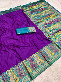 Royal Purple Silk Saree with Teal Blue Kashmiri Border & Vibrant Kalamkari Pallu