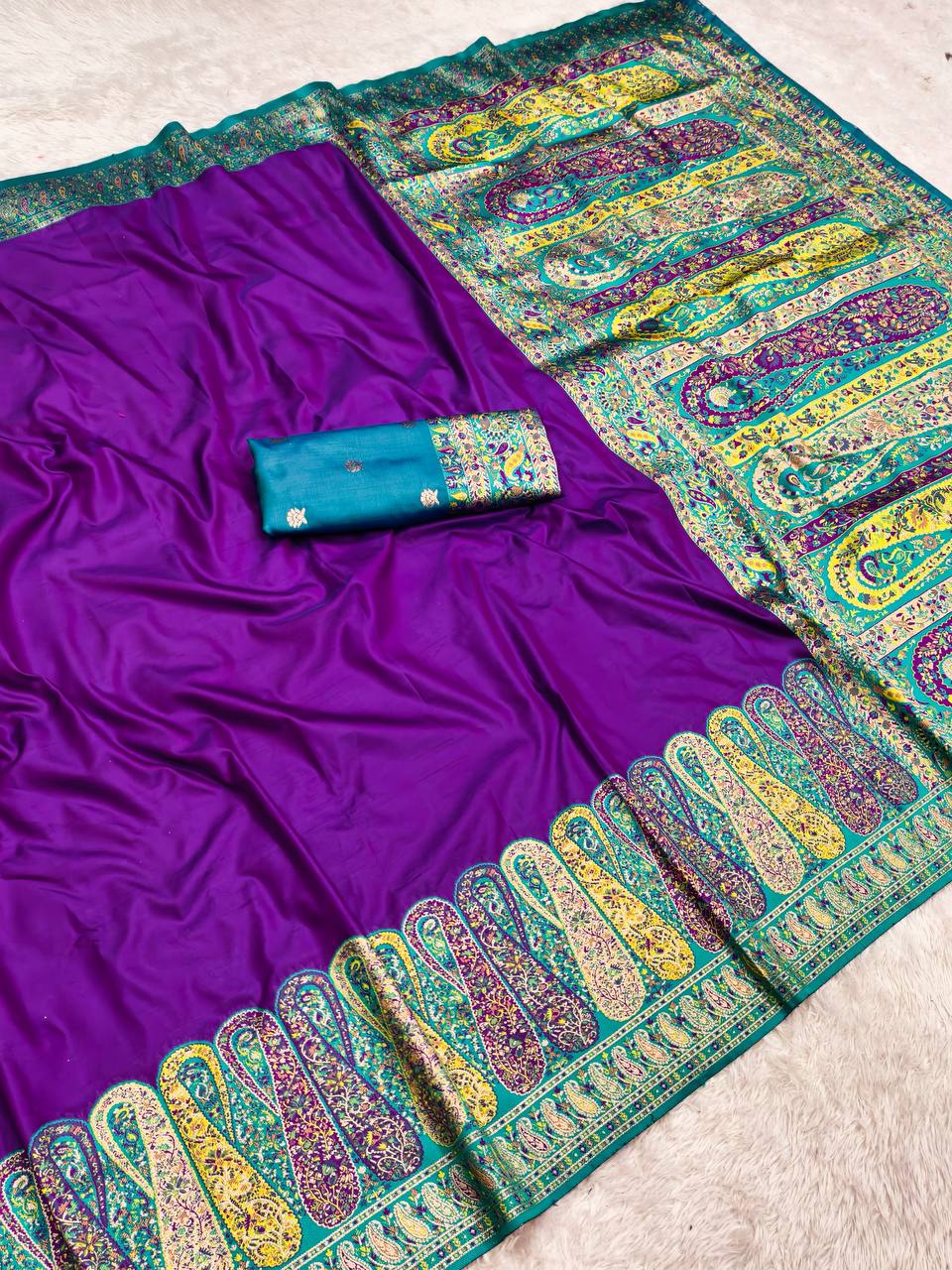 Royal Purple Silk Saree with Teal Blue Kashmiri Border & Vibrant Kalamkari Pallu