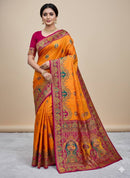 Royal Orange Silk Saree with Intricate Traditional Print & Rich Pink Border