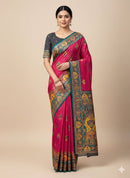 Royal Magenta Silk Saree with Intricate Traditional Print & Teal Green Border