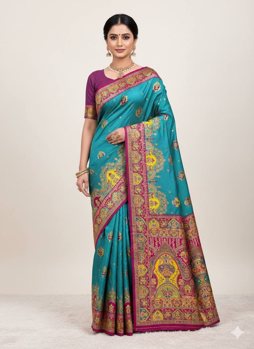 Elegant Teal Blue Silk Saree with Intricate Traditional Print & Rich Magenta Border