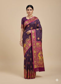 Royal Wine Purple Silk Saree with Intricate Traditional Print & Rich Magenta Border