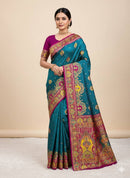 Royal Peacock Blue Silk Saree with Intricate Traditional Print & Rich Magenta Border