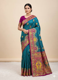 Royal Peacock Blue Silk Saree with Intricate Traditional Print & Rich Magenta Border