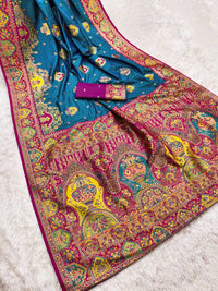 Royal Peacock Blue Silk Saree with Intricate Traditional Print & Rich Magenta Border