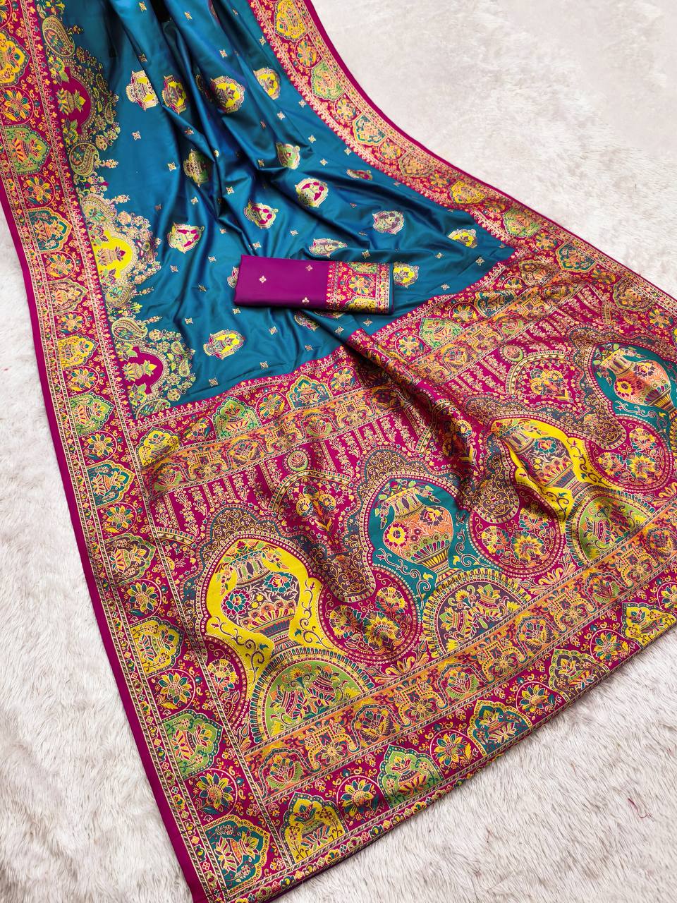 Royal Peacock Blue Silk Saree with Intricate Traditional Print & Rich Magenta Border