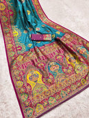 Elegant Teal Blue Silk Saree with Intricate Traditional Print & Rich Magenta Border