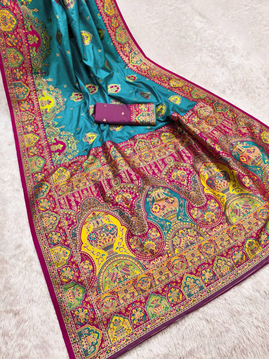 Elegant Teal Blue Silk Saree with Intricate Traditional Print & Rich Magenta Border