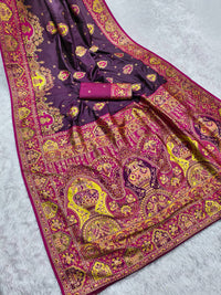 Royal Wine Purple Silk Saree with Intricate Traditional Print & Rich Magenta Border