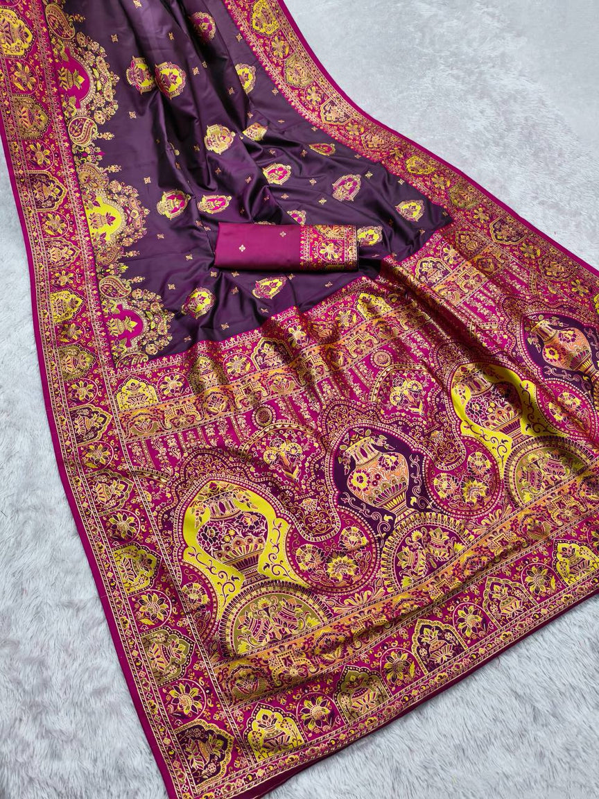 Royal Wine Purple Silk Saree with Intricate Traditional Print & Rich Magenta Border