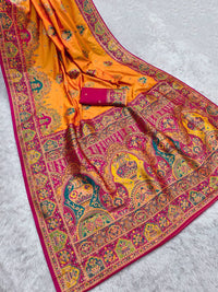 Royal Orange Silk Saree with Intricate Traditional Print & Rich Pink Border
