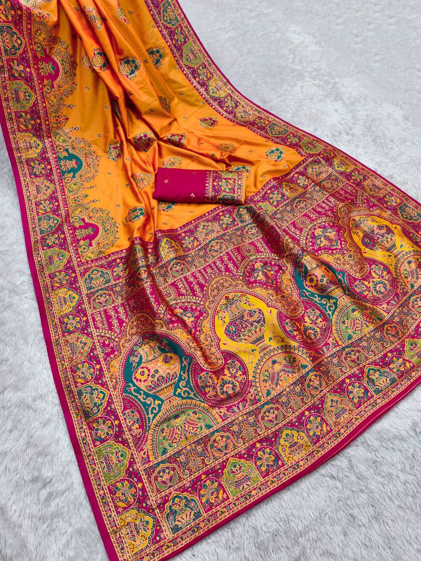 Royal Orange Silk Saree with Intricate Traditional Print & Rich Pink Border