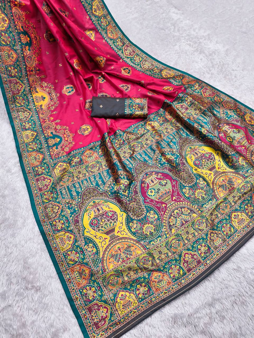 Royal Magenta Silk Saree with Intricate Traditional Print & Teal Green Border