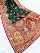 Classic Bottle Green Silk Saree with Intricate Traditional Print & Rich Red Border