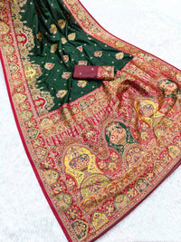 Classic Bottle Green Silk Saree with Intricate Traditional Print & Rich Red Border