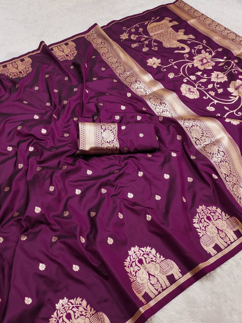 Royal Plum Purple Silk Saree with Gold Zari Elephant Motifs & Ornate Border