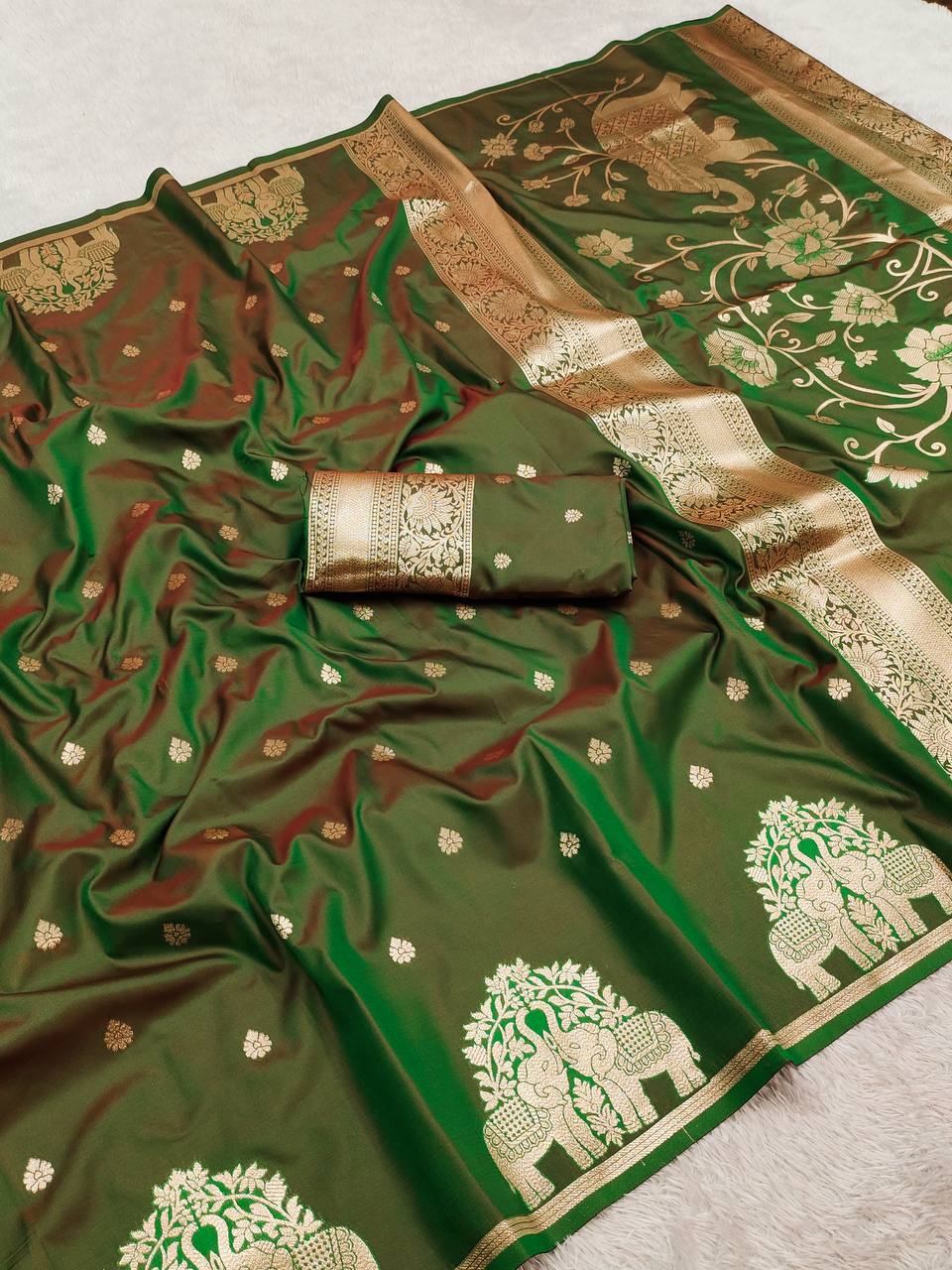 Elegant Olive Green Silk Saree with Gold Zari Elephant Motifs & Ornate Border