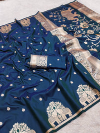 Royal Navy Blue Silk Saree with Gold Zari Elephant Motifs & Ornate Border