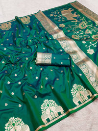 Emerald Teal Green Silk Saree with Gold Zari Elephant Motifs & Ornate Border