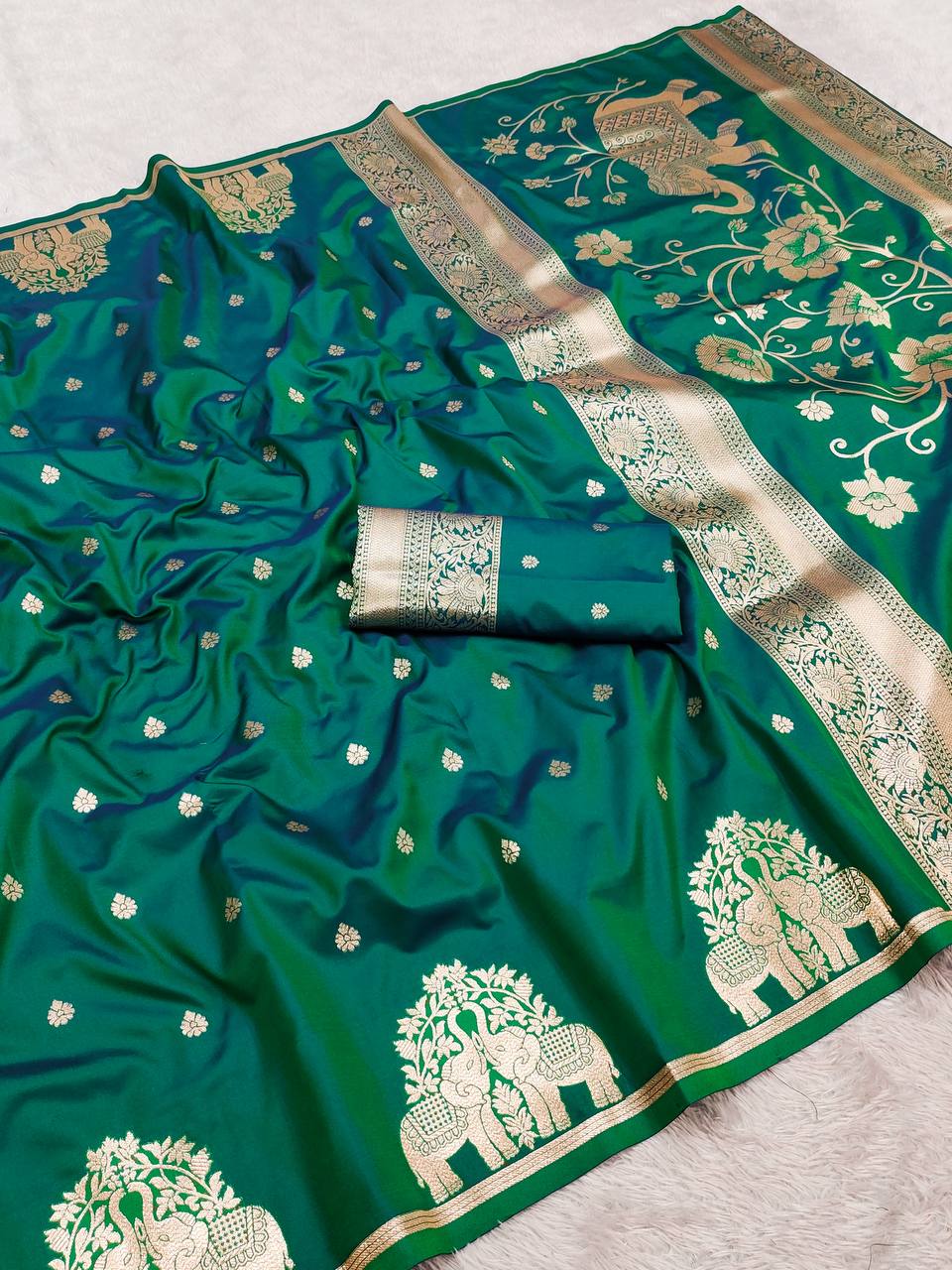 Emerald Teal Green Silk Saree with Gold Zari Elephant Motifs & Ornate Border