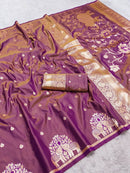 Graceful Mauve Purple Silk Saree with Gold Zari Elephant Motifs & Ornate Border