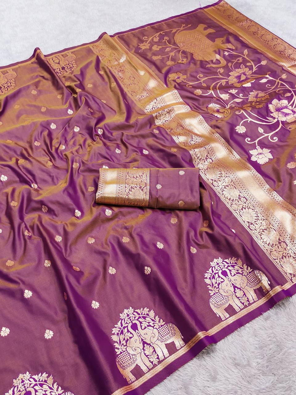 Graceful Mauve Purple Silk Saree with Gold Zari Elephant Motifs & Ornate Border