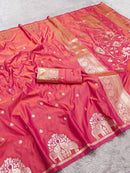 Elegant Rose Pink Silk Saree with Gold Zari Elephant Motifs & Ornate Border