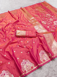 Elegant Rose Pink Silk Saree with Gold Zari Elephant Motifs & Ornate Border