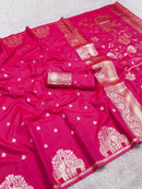 Royal Rani Pink Silk Saree with Gold Zari Elephant Motifs & Ornate Border
