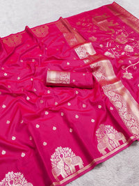 Royal Rani Pink Silk Saree with Gold Zari Elephant Motifs & Ornate Border