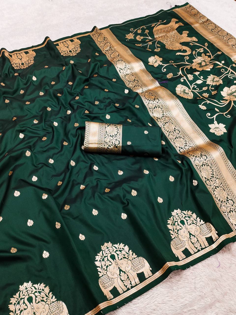 Royal Dark Green Silk Saree with Gold Zari Elephant Motifs & Ornate Border