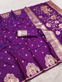 Royal Deep Purple Silk Saree with Gold Zari Elephant Motifs & Ornate Border