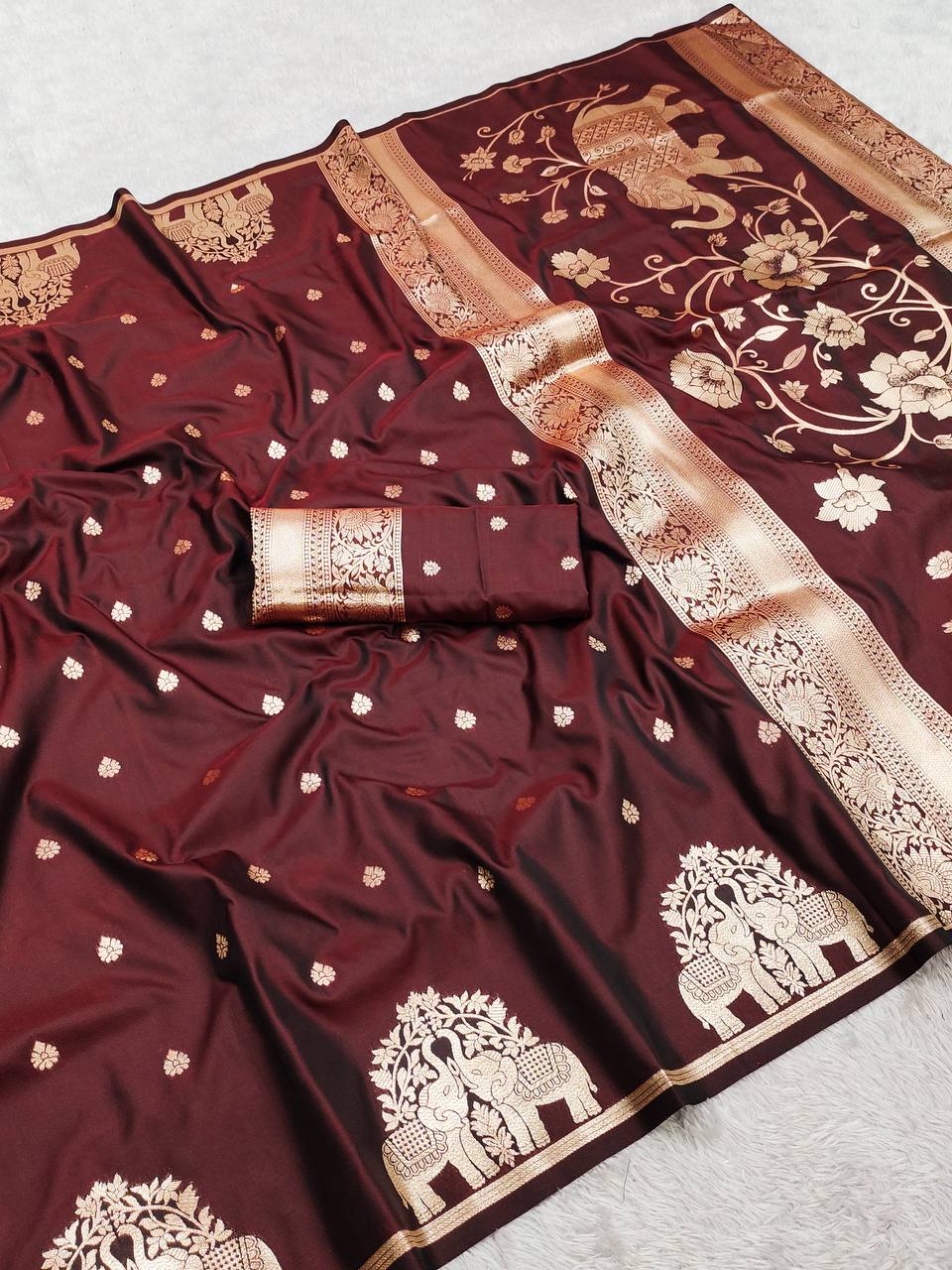 Royal Maroon Silk Saree with Gold Zari Elephant Motifs & Ornate Border