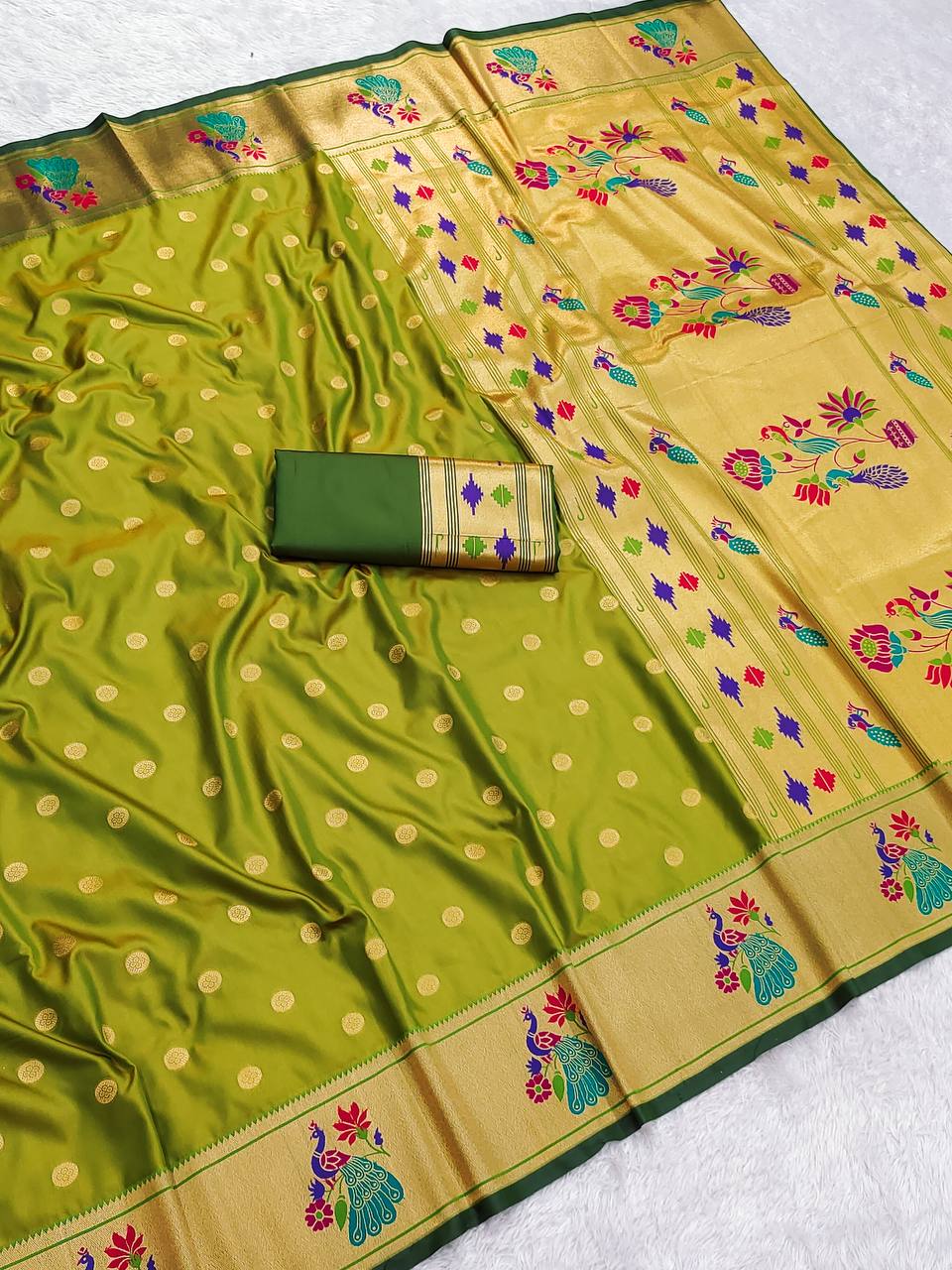 Elegant Olive Green Silk Saree with Gold Polka Weave & Multicolor Peacock Pallu