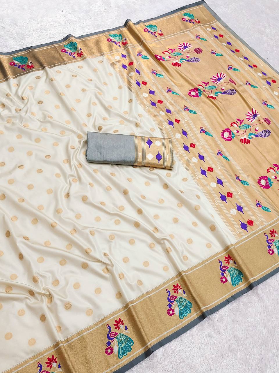 Elegant Ivory White Silk Saree with Gold Butti Weave & Multicolor Peacock Pallu